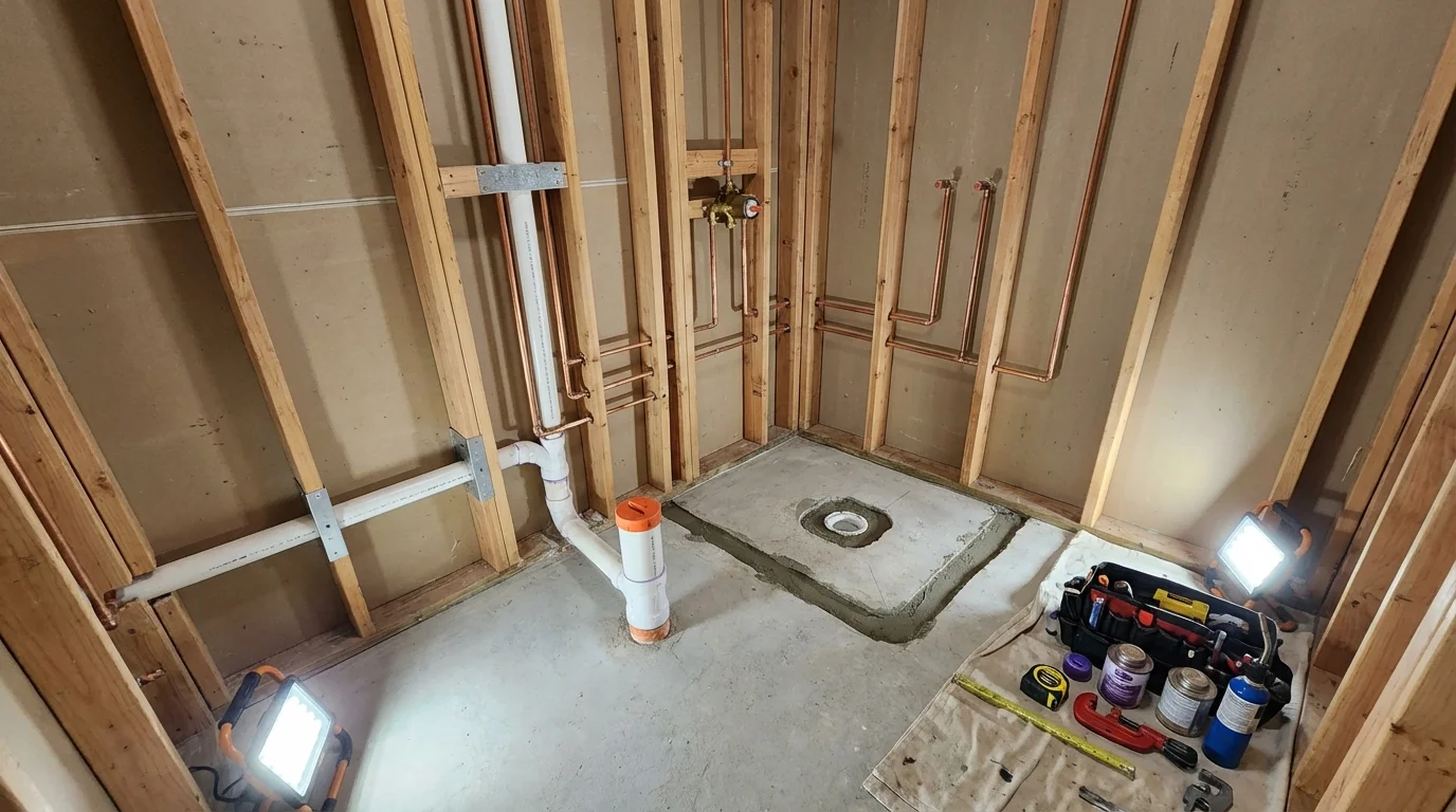 Bathroom rough-in plumbing during remodel by Johns Plumbing LLC in Chicago Ridge