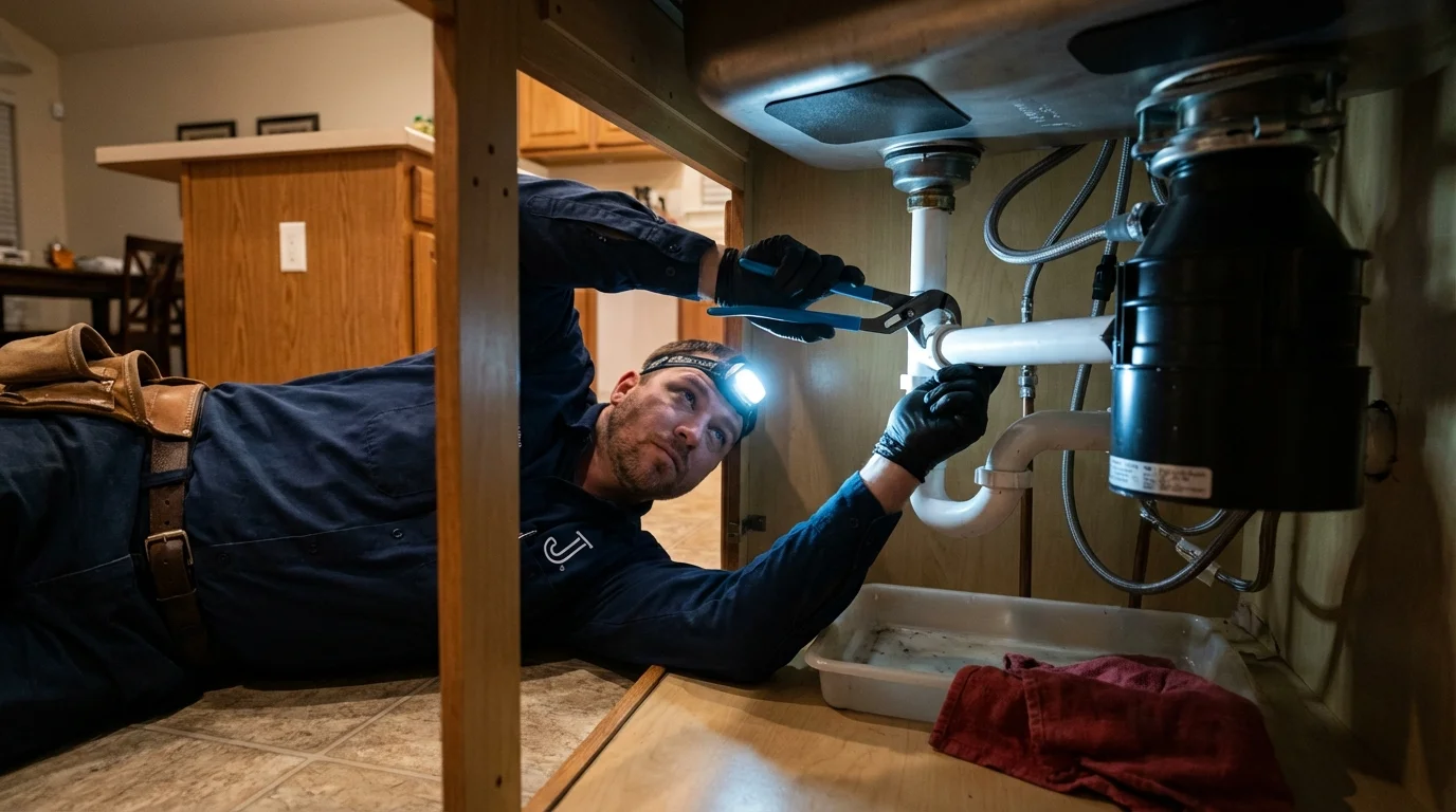 P-trap and supply line connections under a kitchen sink showing a common leak point in Chicago Ridge, IL